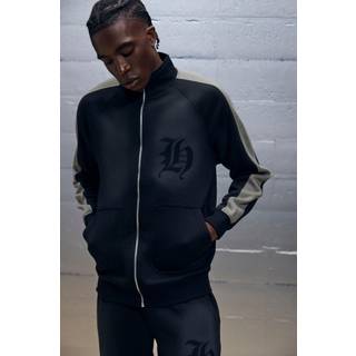Mens Black Oversized Washed Stencil Spray Graphic Harrington Jacket