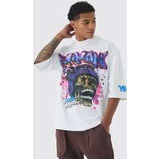 Mens White Oversized Boohooman Skull Graffiti Large Scale Graphic T-shirt