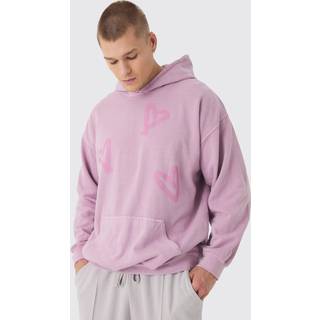 Mens Pink Oversized Washed Graffiti Heart Hoodie