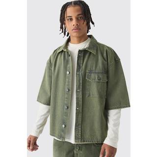 Mens Green Oversized Boxy 3/4 Sleeve Denim Overshirt