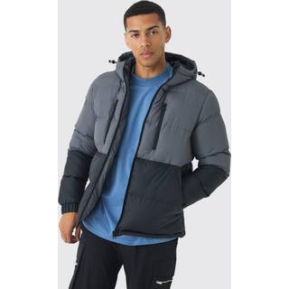 Mens Colour Block Hooded Puffer in Charcoal