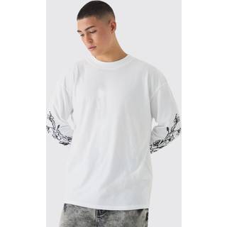Mens White Oversized Washed Floral Printed Long Sleeve T-Shirt