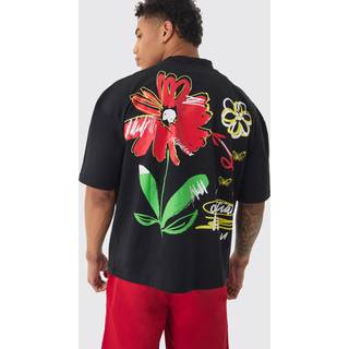 Mens Black Oversized Boxy Floral Doodle Graphic T-shirt