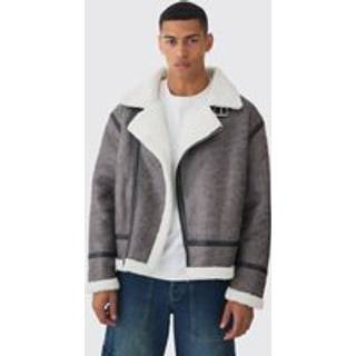 Mens Biker Detail Borg Aviator Jacket In Grey