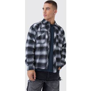 Mens Black Oversized Boxy Distressed Hem Checked Shirt