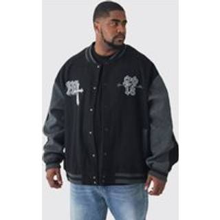 Mens Plus Oversized Official Colour Block Varsity Jacket In Black