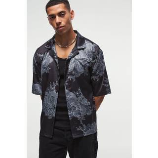 Mens Black Oversized Printed Satin Revere Triangle Pocket Shirt