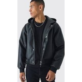 Mens Boxy Hooded PU Bomber Jacket In Black