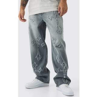 Mens Light Grey Baggy Rigid Washed Grey Cross Applique Jeans