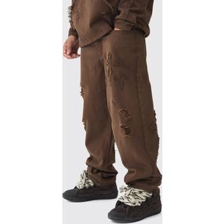 Mens Brown Baggy Fit Cross Applique Dirty Wash Jeans