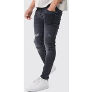 Mens Washed Black Skinny Fit Graffiti Ripped Jeans With Chain