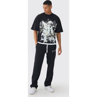 Mens Black Oversized Graphic Faux Layer T-Shirt And Jogger Set