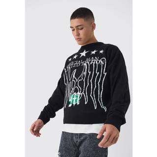 Mens Black Boxy Star Graphic Crew Neck Jumper