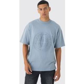 Mens Denim-Blue Oversized Extended Neck Worldwide Embossed T-Shirt