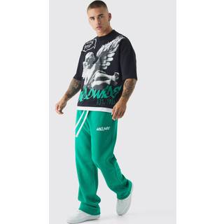 Mens Green Oversized Graphic Faux Layer T-Shirt And Jogger Set