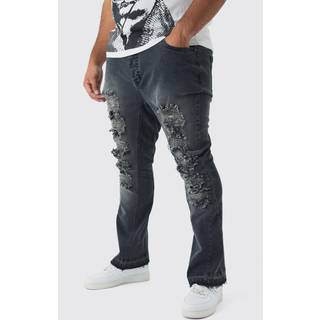 Mens Washed Black Plus Ripped Gusset Detail Stretch Skinny Flared Jeans