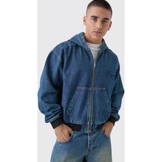 Mens Antique Blue Boxy Denim Embroidered Hoodie