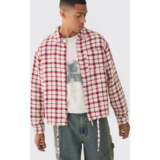 Mens Red Oversized Boucle Bungee Hem Check Overshirt