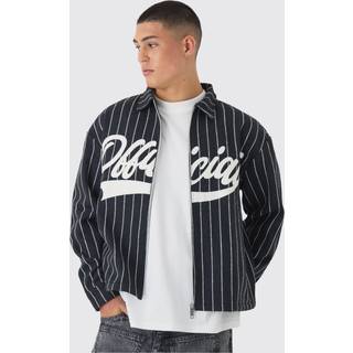 Mens Black Oversized Pinstripe Applique Collared Overshirt