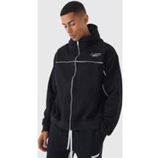 Mens Black Oversized Boxy Heavyweight Embroidered Hoodie With Piping