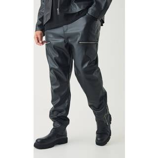 Mens Black Plus Skinny Fit Zip Detail PU Trousers