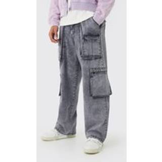 Mens Charcoal Fixed Waist Acid Washed Baggy Cargo Trouser