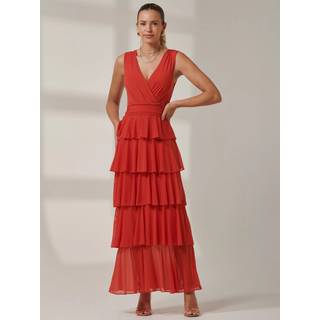 Jolie Moi Jolie Moi Orange Plain Tiered Mesh Maxi Dress