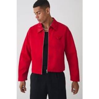 Mens Boxy Satin PU Dogtooth Harrington Jacket In Red