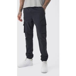 Mens Black Tall Slim Fit Elasticated Waist Cuffed Cargo Trousers