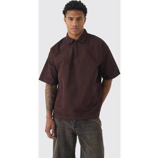 Mens Chocolate Oversized Boxy 1/4 Zip Concealed Peached Twill Shirt