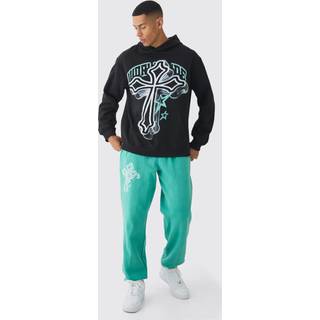 Mens Green Oversized Washed Cross Print Tracksuit