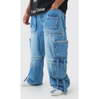 Mens Light Blue Plus Baggy Rigid Multi Pocket Strap Detail Cargo Jeans
