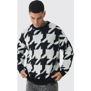 Mens Black Tall Fluffy Knit Houndstooth Sweatshirt