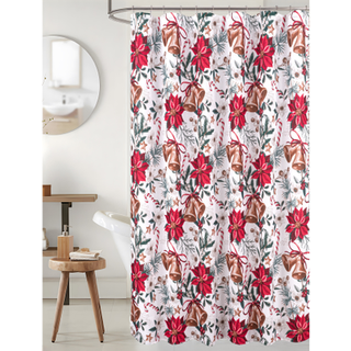 Serafina Home Holiday Christmas Bruser Gardin til badeværelse: Elegant stofferie Jul vintage guldklokker og bånd Ornamental design rød grøn og hv