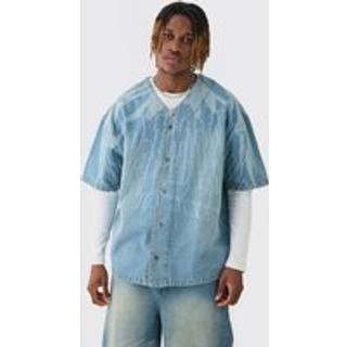 Mens Light Blue Tall Printed Graphic Denim Baseball Shirt