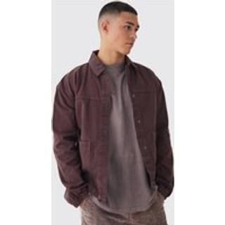 Mens Chocolate Regular Twill Embroidered Overshirt With Cord Collar
