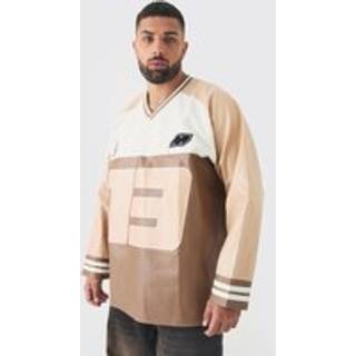 Mens Brown Plus Oversized PU Raglan Embroidered Varsity Shirt