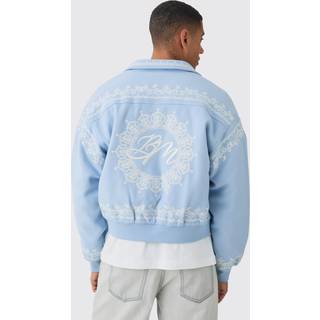 Mens Light Blue Boxy Bm Embroidered Collared Bomber Jacket In Blue