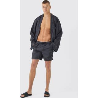 Mens Black Gothic Print Kimono Shirt & Swim Short Set