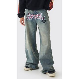 Mens Light Blue Extreme Baggy Rigid Pu Cross Applique Washed Jeans