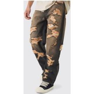 Mens Brown Baggy Fit Rigid All Over Ripped Jeans