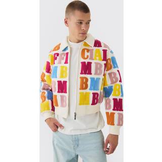 Mens Boxy Letter Badge Collared Varsity Jacket In Ecru