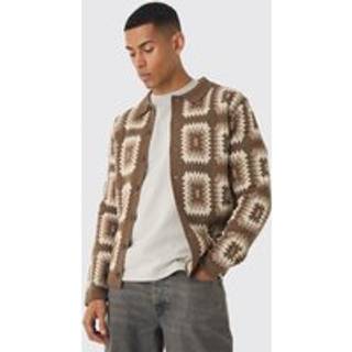 Mens Brown Crochet Long Sleeve Knitted Polo