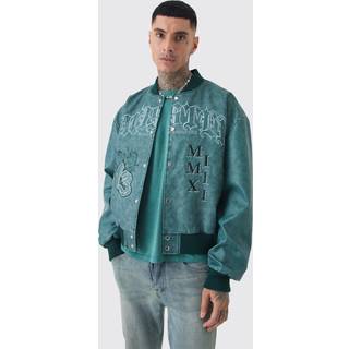 Mens Tall Boxy Tonal Badge Tumbled PU Varsity Jacket In Blue