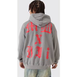Mens Grey Oversized Gothic MMXIII Printed & Washed Hoodie