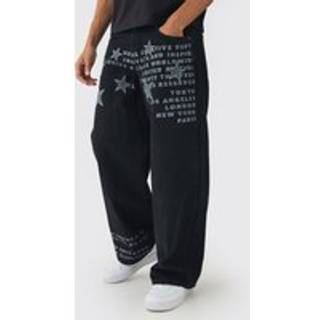 Mens Washed Black Baggy Rigid Star Applique Denim Jeans