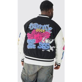 Mens Plus Boxy Homme Badge PU Sleeve Varsity Jacket In Black