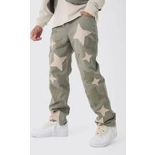 Mens Khaki Relaxed Fit Star Patchwork Applique Jeans