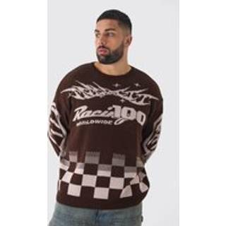 Mens Plus Moto Crew Neck Knitted Jumper In Brown