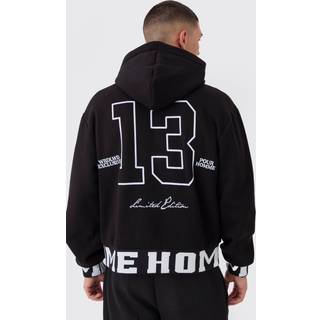 Mens Black Oversized Boxy Varsity Printed Zip Through Hoodie